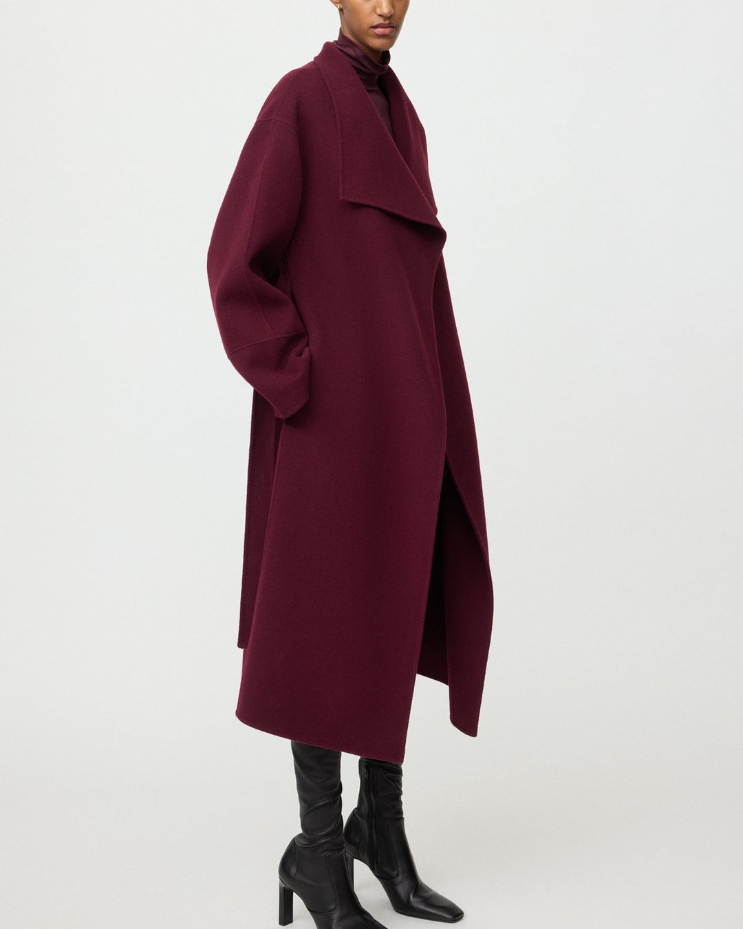 Soft Goat Long Coat | Bordeaux — 4:5 cropped view 1