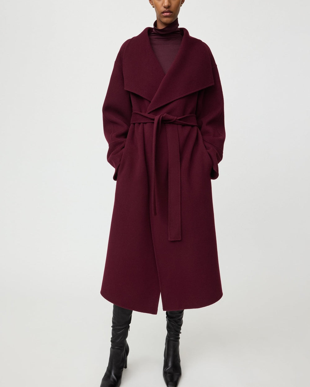 Soft Goat Long Coat | Bordeaux — 4:5 cropped view 3