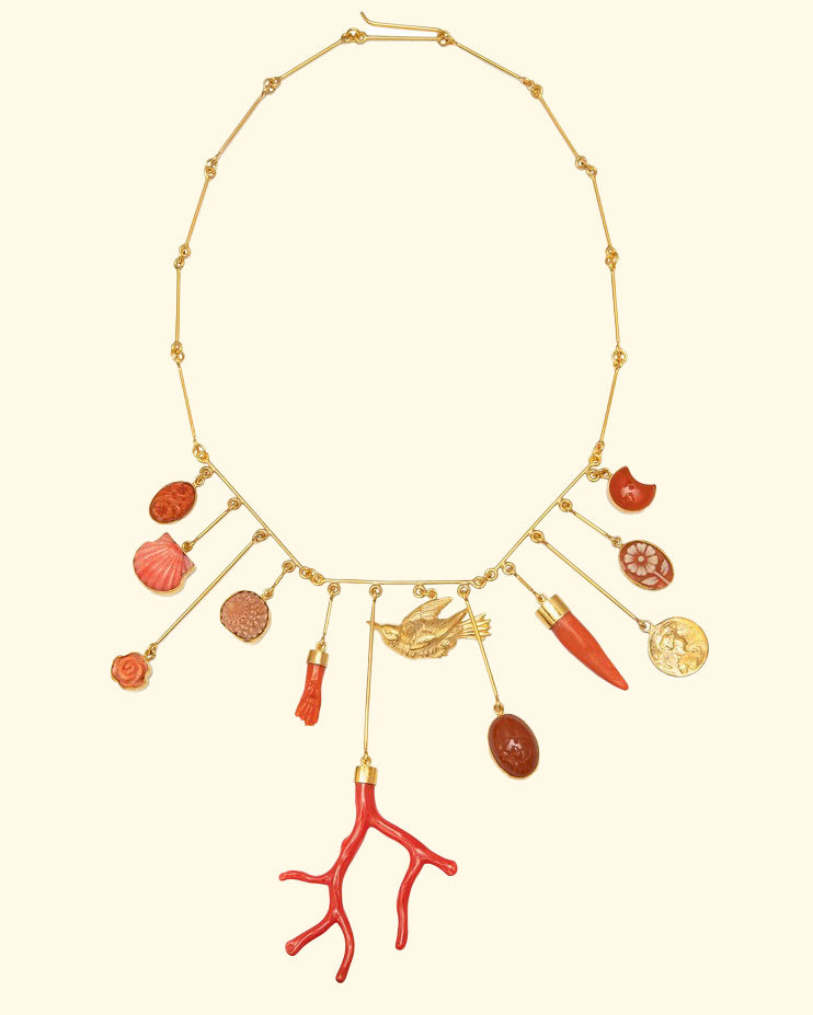 Coral wire charm drop necklace